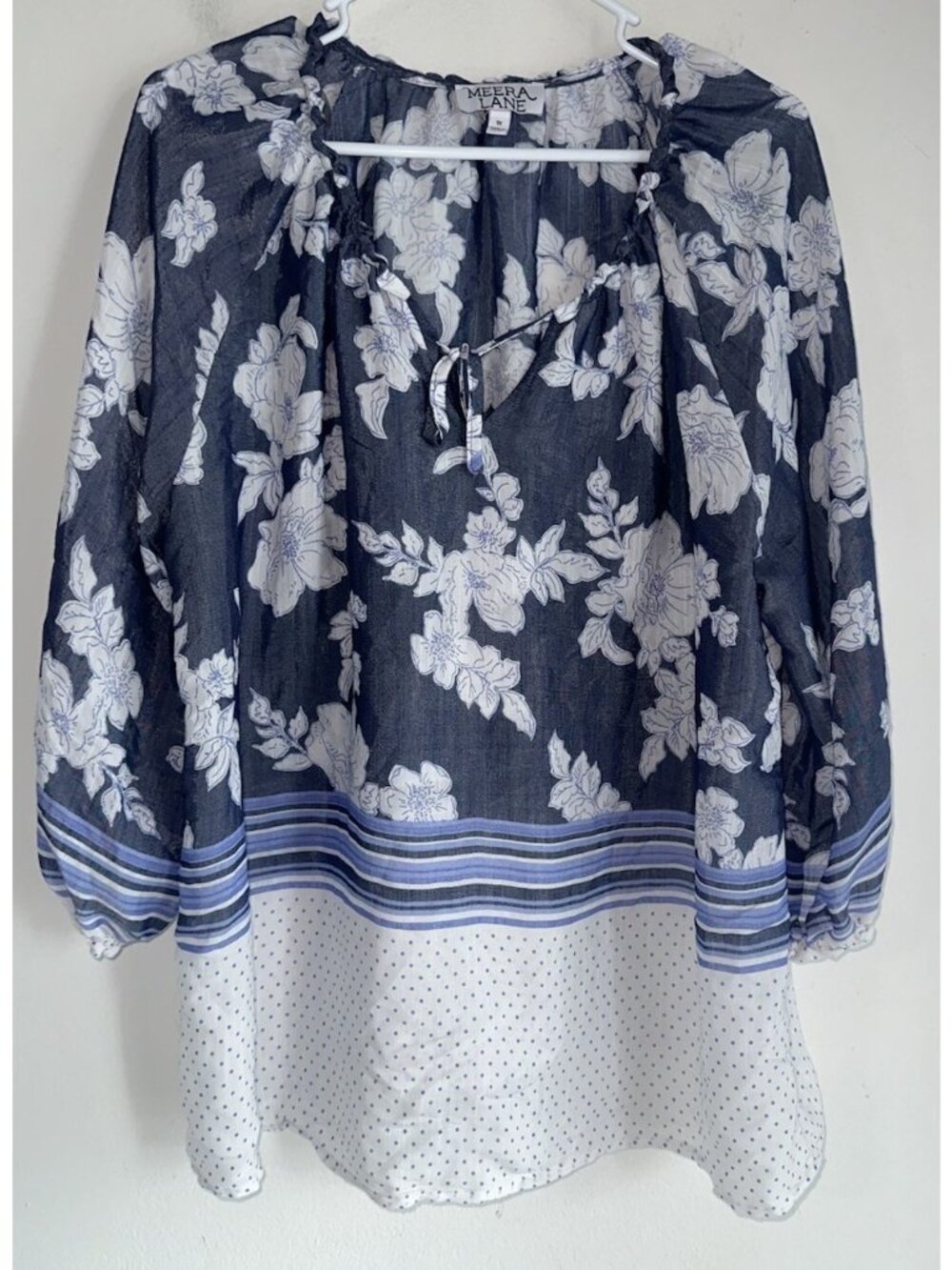 Meera Lane Womens Peasant Blouse Plus 1X Blue Floral Boho Hippie Beach